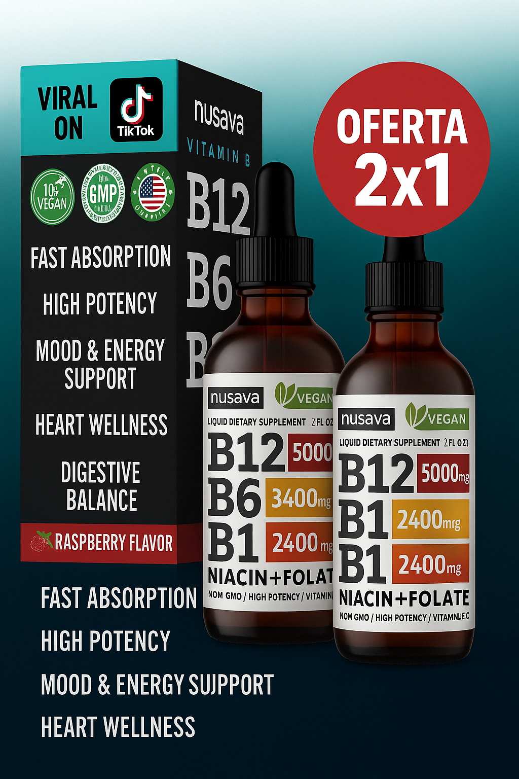 Nusava 2x1 B-Complex líquido - Enfoque, Claridad y Energía Estable